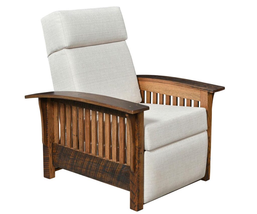 Rustic recliner with cream cushions and distressed oak slatted frame