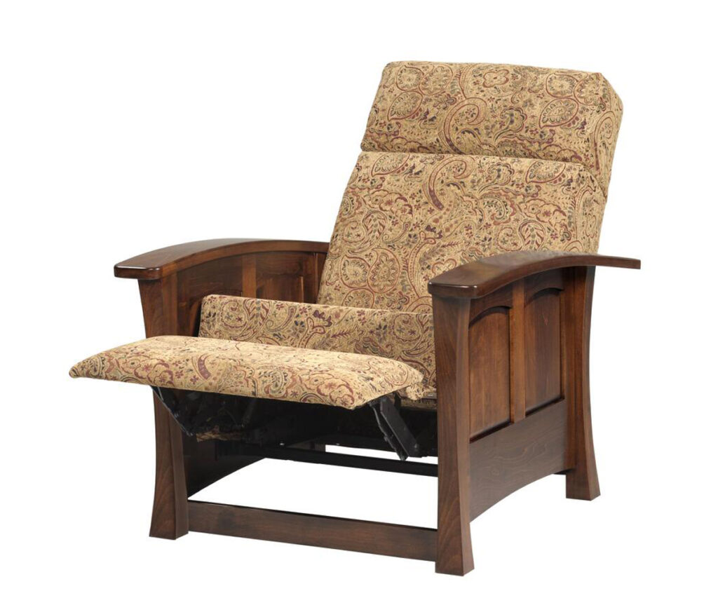Shaker recliner with patterned upholstery and paneled hardwood frame, footrest extended