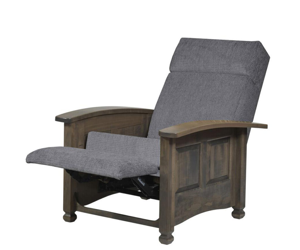 Upholstery furniture guide shows Amish traditional recliner with grey cushions and wood arms