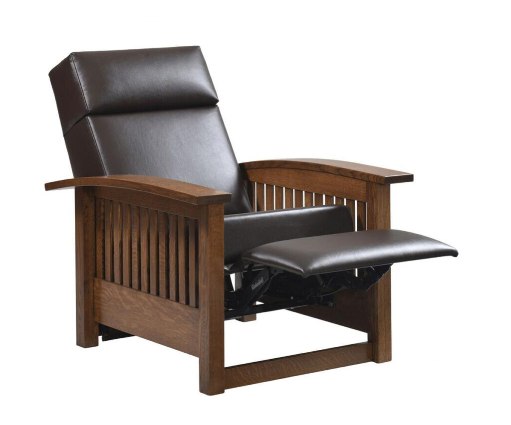 Mission-style recliner with dark leather upholstery and slatted oak frame, footrest extended