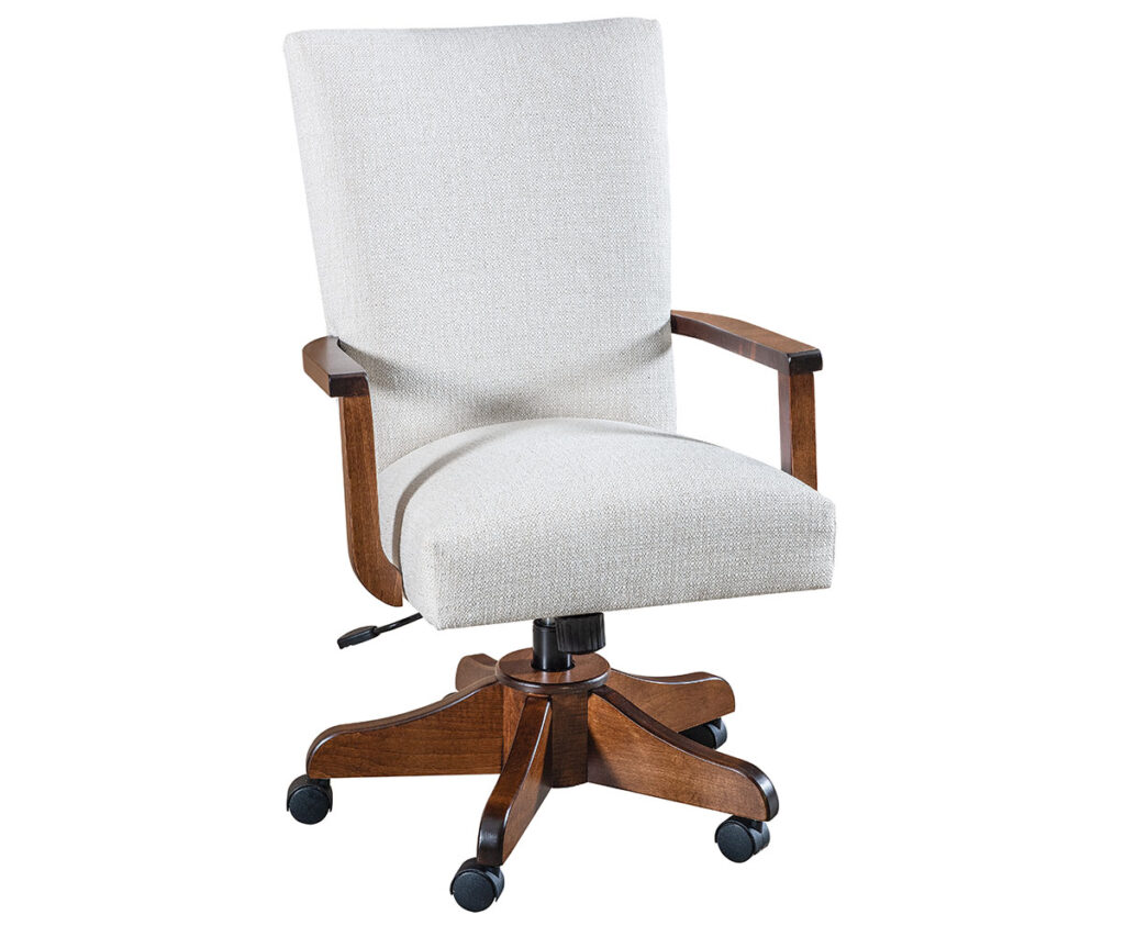 Upholstered swivel office chair with wood arms, five-star base, and casters