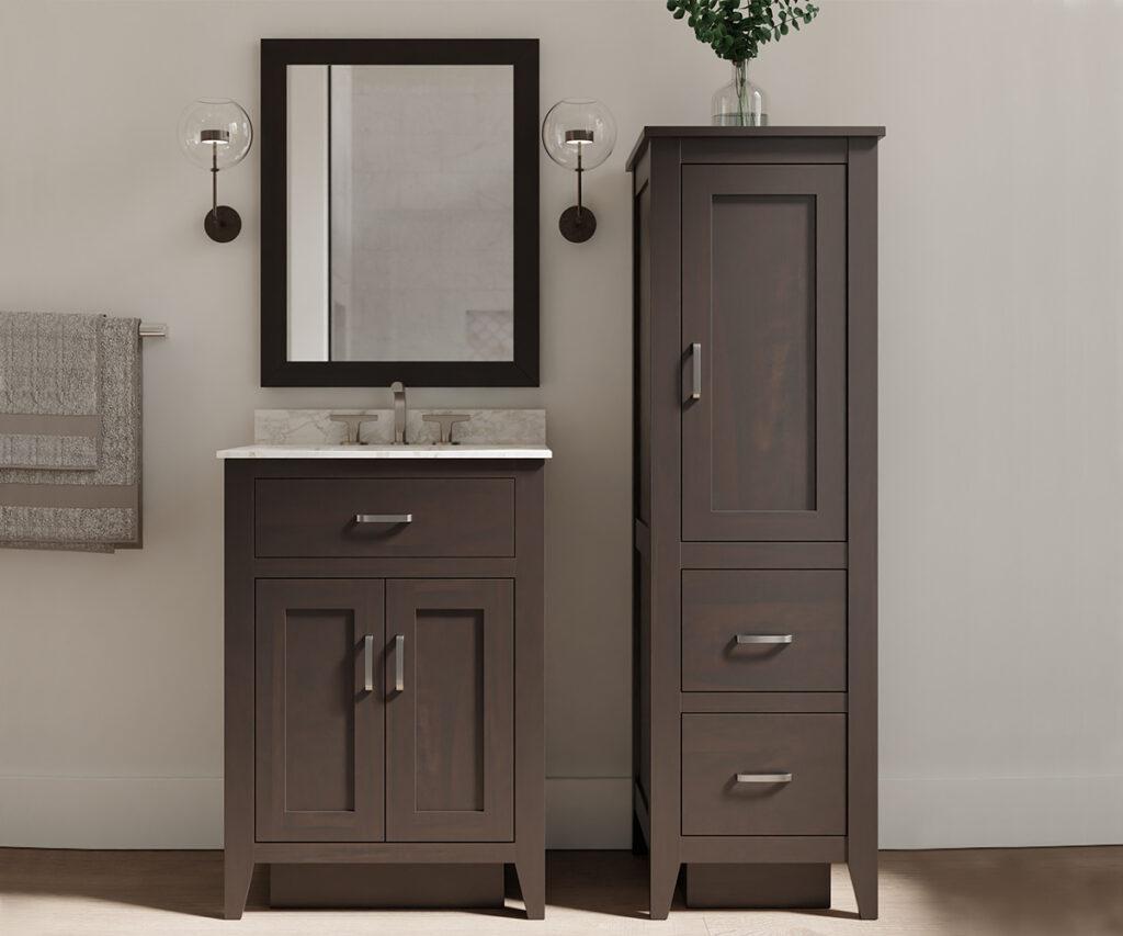 Compact 24-inch vanity and linen cabinet in Onyx finish—featured in our furniture blog for small-space bathroom design ideas.