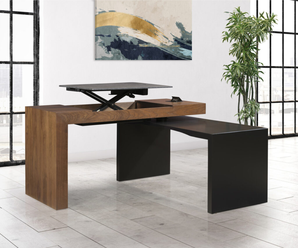 Office furniture with modern wood and black desk featuring lift-top workspace.