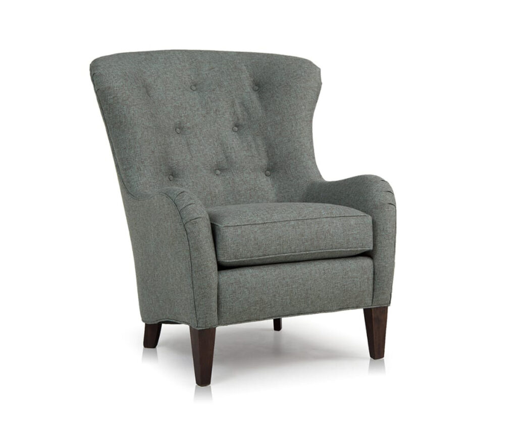 Gray tufted accent chair with tapered legs on white background