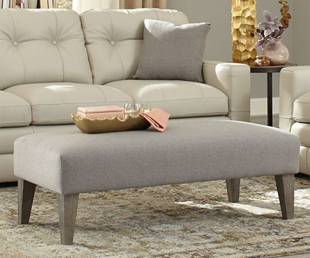 Gray upholstered bench coffee table before cream sofa with tray on neutral rug