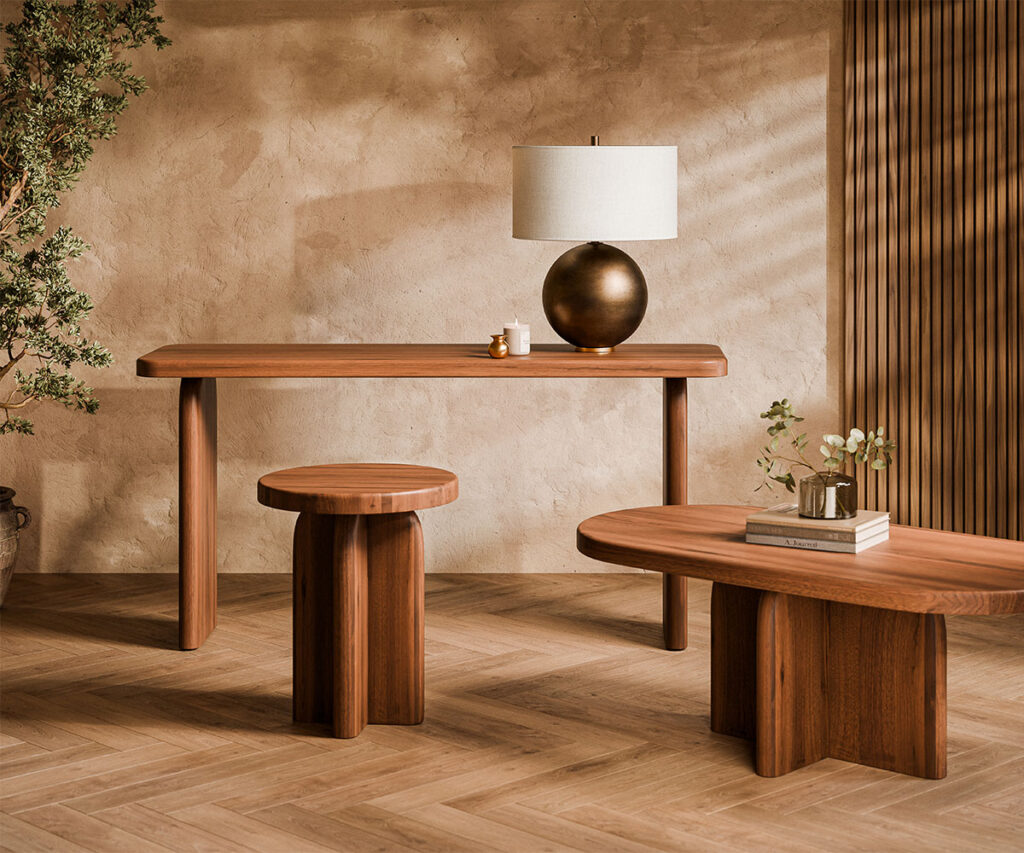 Living room furniture with wood console table, round stool, and matching coffee table.