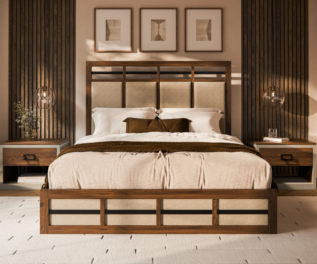Bedroom furniture with wood bed, matching nightstands, and upholstered headboard in a modern space.