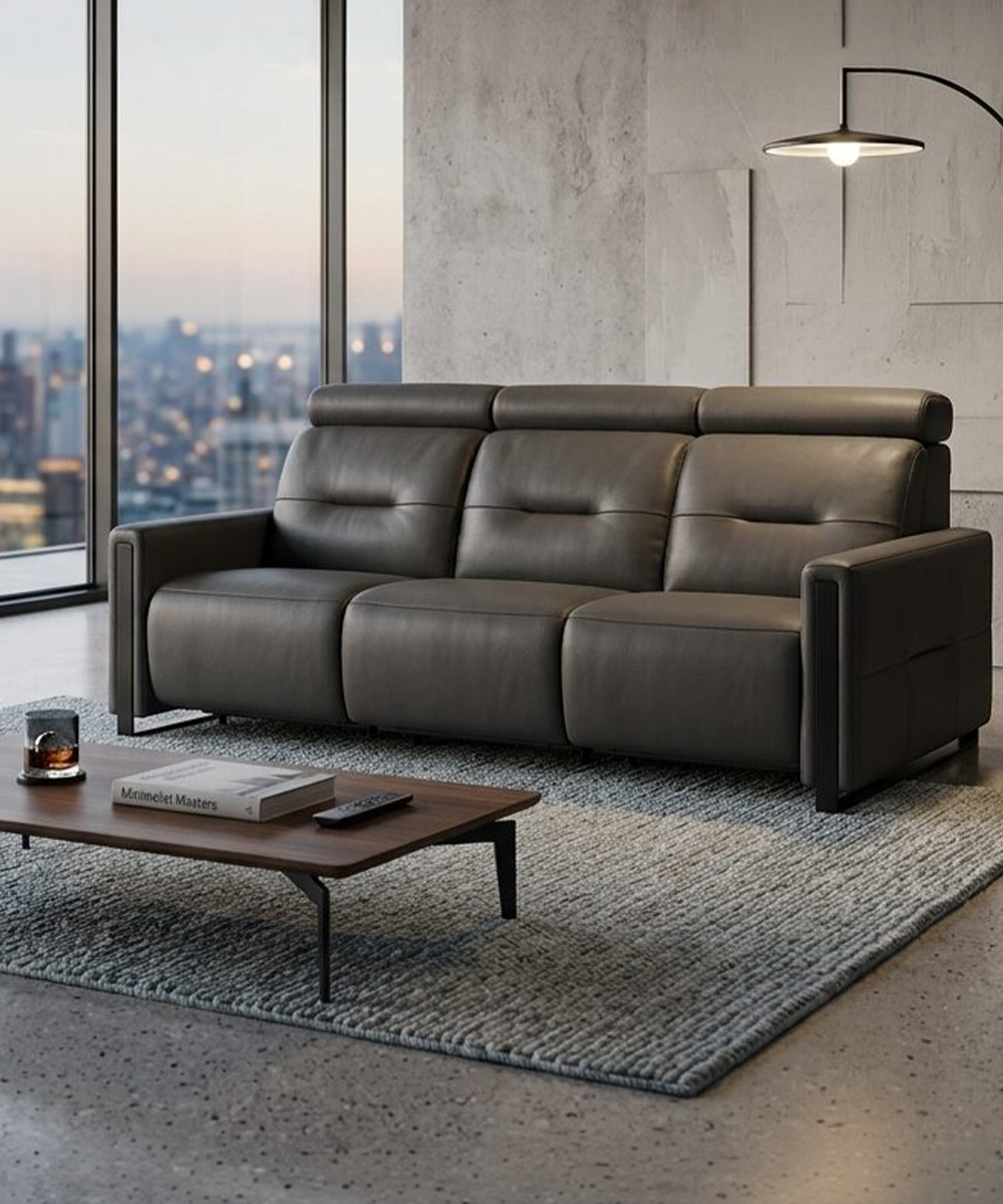 Fjords furniture gray leather reclining sofa in a modern living room